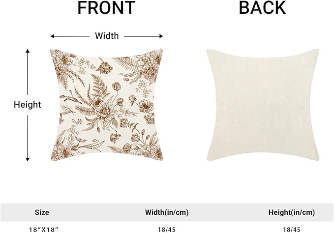 CXMEIFLY Spring Floral Leaves Pillow Covers 18 x 18 Inch Set of 2 for Chinoiserie Flowers Decor Throw Pillows Brown and White Seasonal Plant Outdoor Decorative Cushion Cases for Couch Bed Decorations