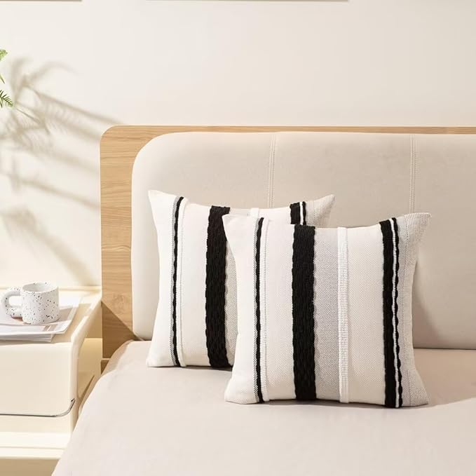 Boho Throw Pillow Covers 18x18 Set of 2 Farmhouse Decorative Cushion Case Striped Square Pillows Cover Chenille Pillow Cases Accent Neutral Pillowcase for Sofa Couch Bed,Black and White