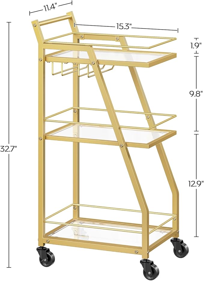 Bar Cart, 3-Tier Bar Cart for The Home, Home Bar Serving Cart with Glass Holders, Beverage Cart for Kitchen, Dining, Party Room, Gold BC03GD