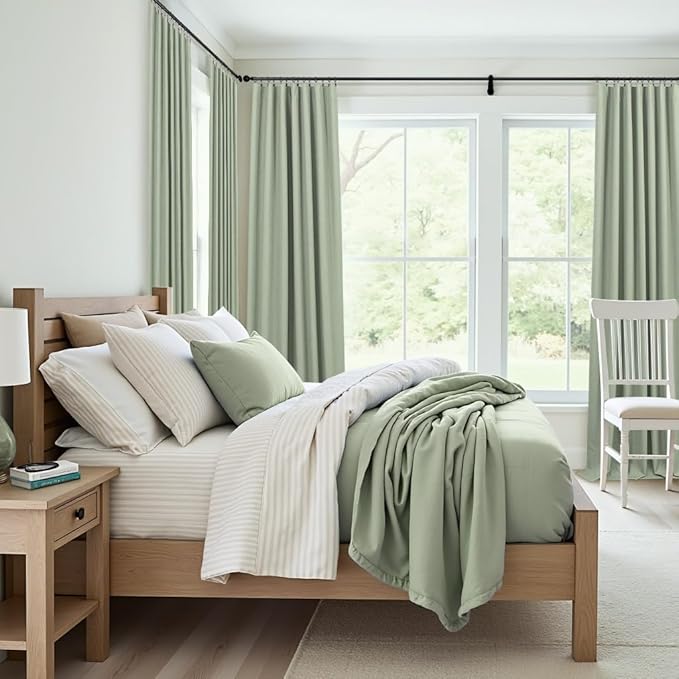 Dark Academia Decor Sage Green Linen Textured Blackout Curtains Panels 90 Inch Length Luxury Curtains for Living Room Pretty Heavy Thick Linen Black Out Thermal Long Drapes Back Tab Rod Pocket Pleated