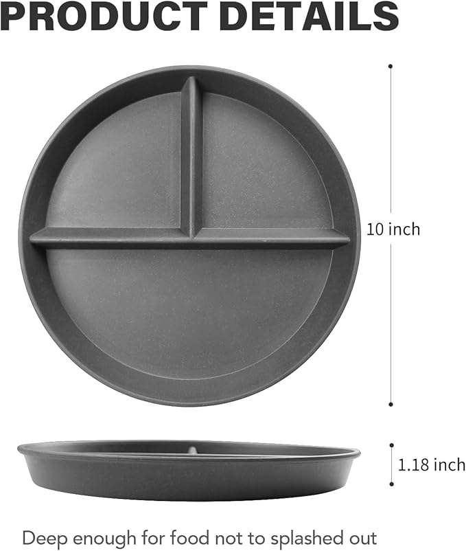 greenandlife 10 Inch 4PCS Unbreakable Portion Control Plates, Divided Plates for Kids Adults, Dishwasher & Microwave Safe Compartment Plate, Lightweight Reusable Wheat Straw Plate, Earth Tone