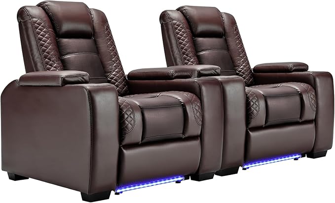 ANJ Power Home Theater Seating Set of 2, Brown Faux Leather Electric Recliner Chair with Powered Headrest, Dual Motors Movie Reclining Chairs with LED Lights,USB Port,Cup Holders, Hidden Arm Storage