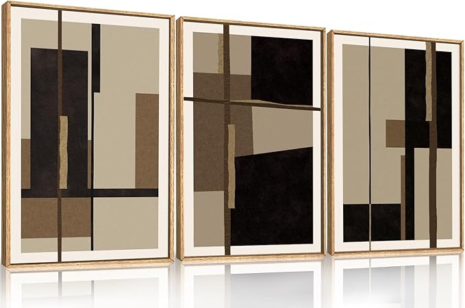 Abstract Shapes Framed Canvas Wall Art Set, Mid-Century Black Polygon Wall Decor, Black Brown Irregular Painting, Neutral Modern Art Print for Living Room, Dining Room, Office - 16"x24"x3