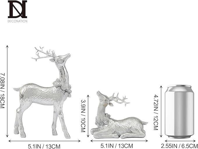 DN DECONATION Christmas Reindeer Figurines, Winter Deer Small Statues Decor, Silver Decorative Reindeer Sculptures, Resin Xmas Holiday Home Décor Accents for Office Living Room & Bedroom 2PCS