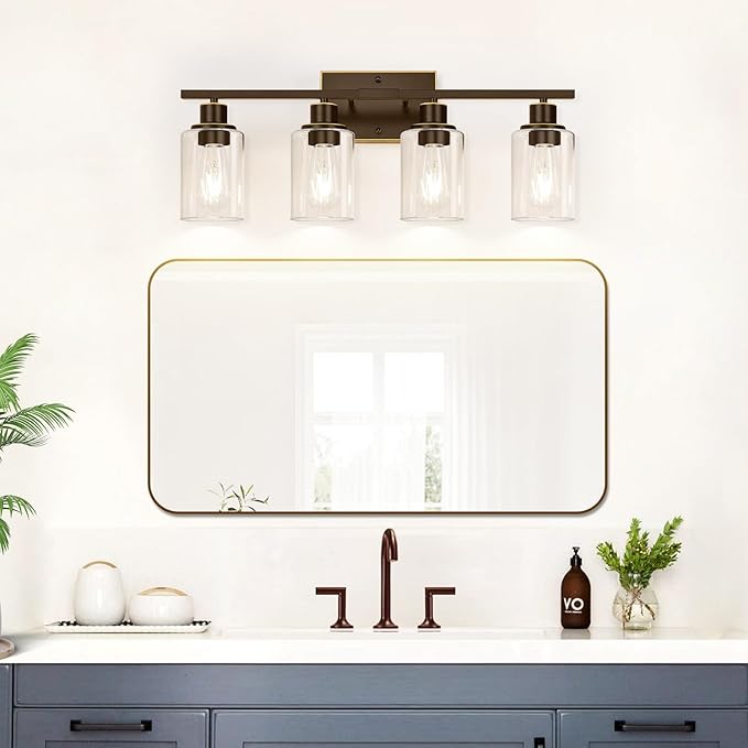 4 Light Bathroom Light Fixtures, Oil-Rubbed Bronze Modern Vanity Lights with Clear Glass Shades, Bathroom Wall Lamp for Mirror Living Room Cabinet