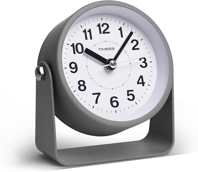 Analog Alarm Clock, Silent Non-Ticking Quartz Movement, Battery-Operated with Snooze & On-Demand Light, Easy to Set Gentle Wake Bedside Desk Clock, Ideal for Home, Travel, Office (Gray)