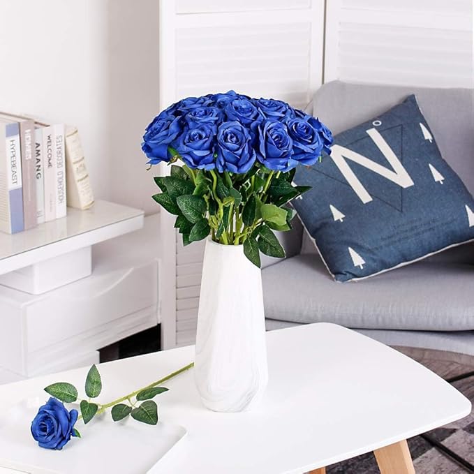 Blue Fake Roses Artificial Flowers - 10 Pcs Fake Artificial Roses Silk Flowers with Stems for Home Wedding Hotel Office Centerpiece Decor