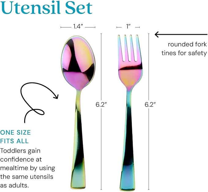 Ahimsa Stainless Steel Kids Utensils - Kids Fork and Spoon Set, Pediatrician Designed Rainbow Silverware Set, 100% BPA Free & Dishwasher Safe (Rainbow)