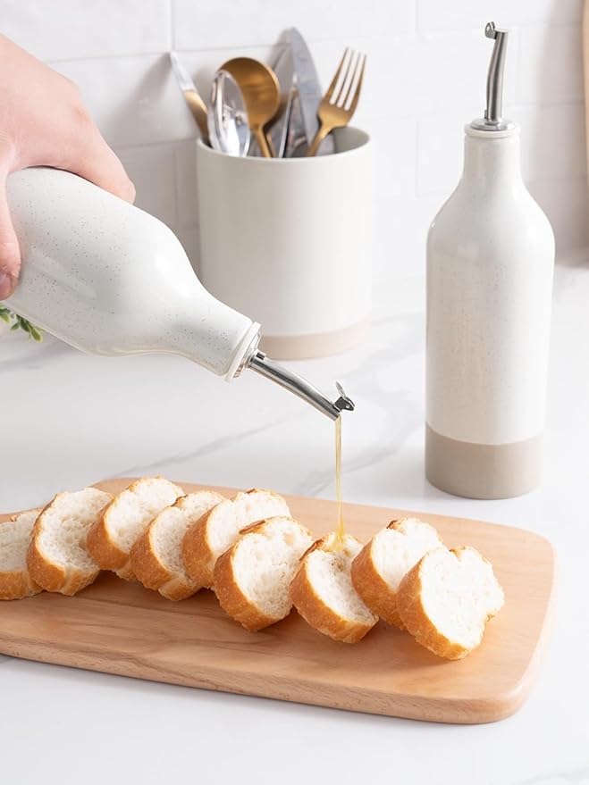 famiware Milkyway 16oz Ceramic Olive Oil Dispenser Bottle, Olive Oil and Vinegar Dispenser Bottle Set of 2 with Stainless Steel Pourers, Suitable for Storage Vinegar, Soy Sauce, Liquids, White