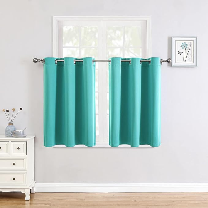 ChrisDowa Small Window Curtains for Kitchen and Bedroom - Grommet Short Thermal Insulated Room Darkening Curtains (2 Panels, Teal, 42 x 36 Inch)