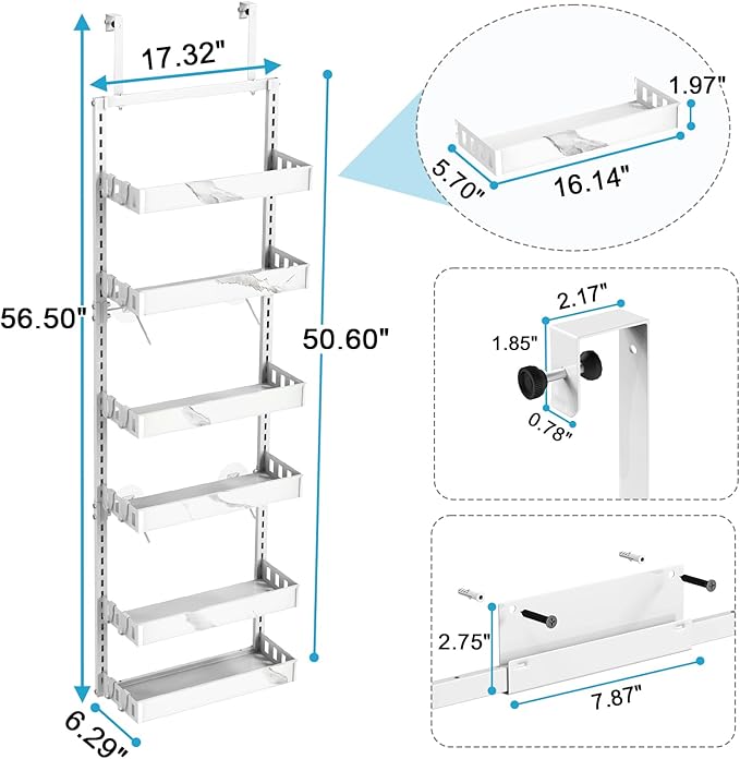 bukfen Over the Door Pantry Organizer, 6-Tier Adjustable Basket Kitchen Pantry Door Organization and Storage, Heavy-Duty Metal Hanging Kitchen Spice Rack,D6.3 x W17.32 x H50.60 inch,White Marble Color