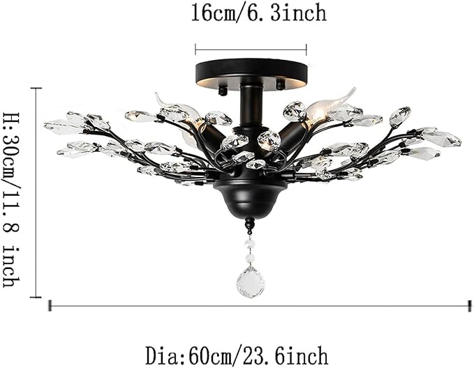 Ganeed Crystal Chandeliers,Vintage K9 Clear LED Ceiling Lighting,Edison Pendant Light Flush Mounted Fixture with 4 Light for Living Room Dinning Room Restaurant Porch Hallway (Black)