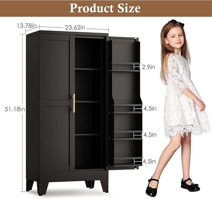 51" Metal Kitchen Pantry Cabinet, Storage Cabinets with 2 Door and 3 Adjustable Shelves, Black Freestanding Food Storage Cabinet, Steel Cupboard for Kitchen Dinning Room