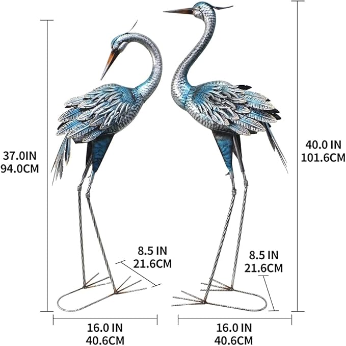 Crane Decor Statues, Blue Heron Garden Statues Metal Yard Art Outdoor Decoy, Garden Sculptures for Yard/Lawn/Pond/Outdoor Decoration, Set of 2