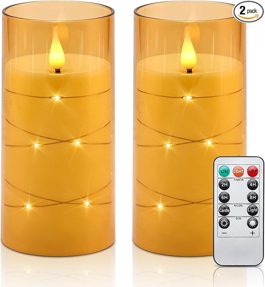Aignis Flickering Flameless Candles Battery Operated Candles LED Candles with Remote Timer for Home/Wedding/Birthday/Holiday Decor ，Brown 3D Flame Set of 2 (D3 xH6 6")