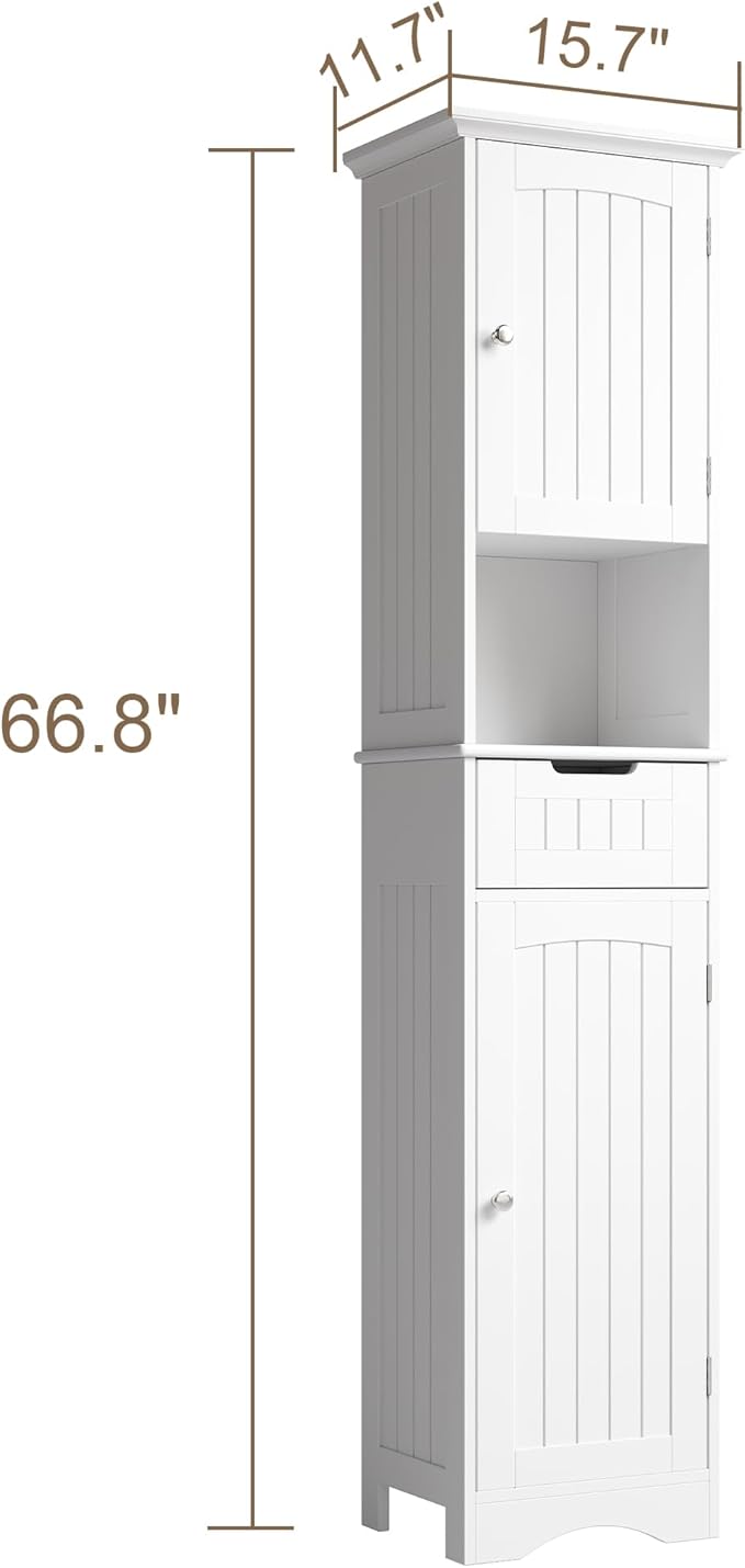 ChooChoo 67" Tall Bathroom Storage Cabinet Freestanding with Adjustable Shelves, Narrow Storage Linen Cabinet with 2 Doors and 1 Drawers for Bathroom, Living Room, Kitchen, White