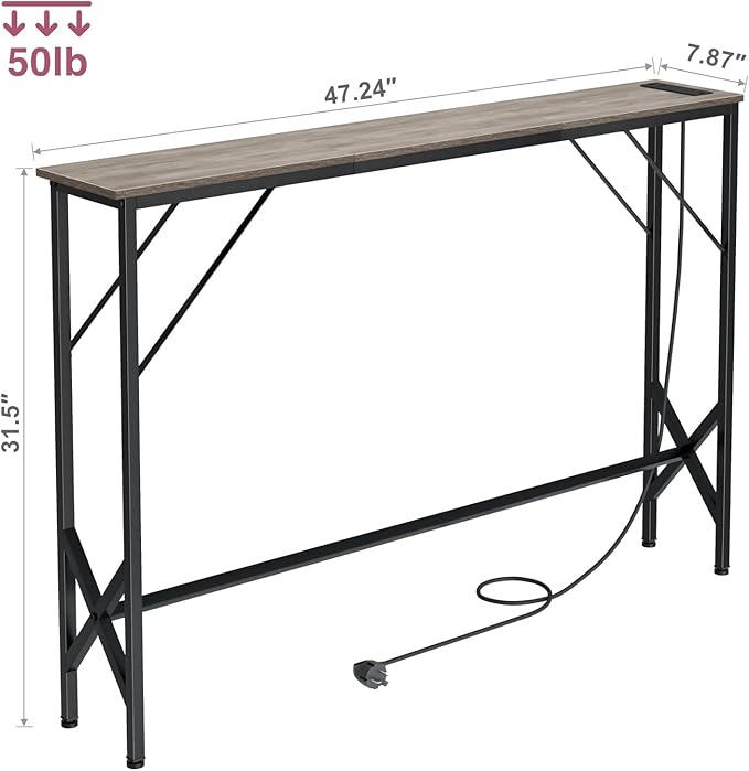 47.2'' Console Table, Skinny Entryway Table with Fast-Charging Station, Narrow Long Sofa Table, Behind Slim Couch Table for Entrance, Hallway, Living Room Decor ST-GY120-1