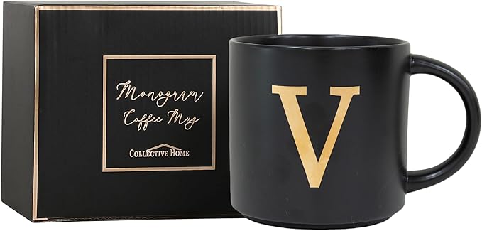 COLLECTIVE HOME - Monogram Ceramic Mugs, 15 oz Golden Initial Black Coffee Cups, Elegant Alphabet Tea Mugs, Elegant Personalized Mug with Gift Box, Unique Mug with Double Side Capital Lette (V)
