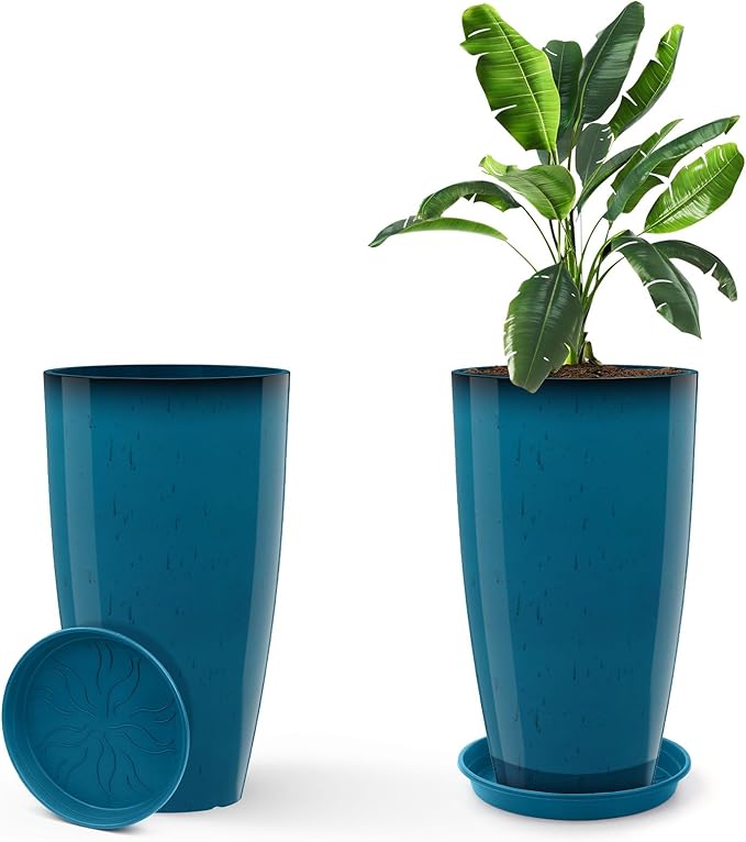 GameXcel Tall Flower Pot Indoor - Outdoor Plant Pot - Turquoise Glossy Planter - Elegant Stone Imitation - 12" Diameter 21" Tall with Drainage Holes and Saucer 2Pack