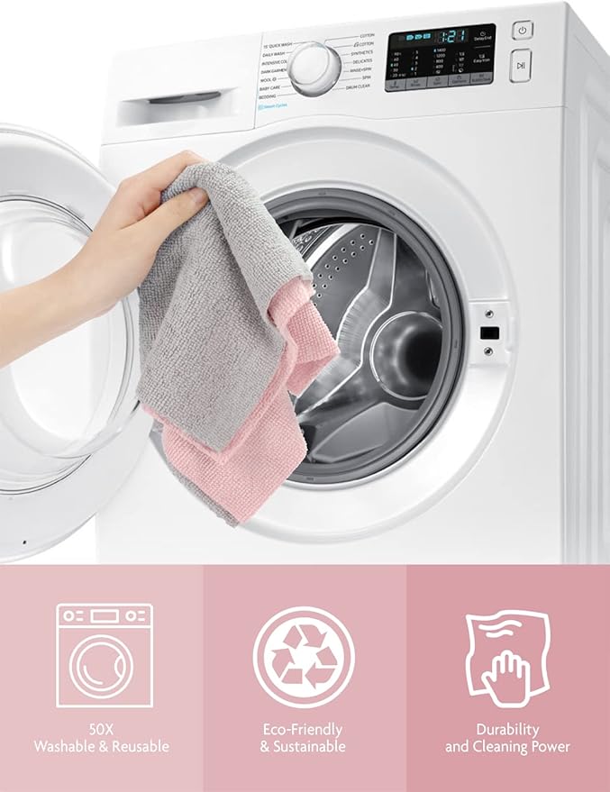 Fantasticlean Microfiber Cleaning Cloth Roll -150 Sheets, Tear Away Microfiber Towels, 12" x 12", Reusable Washable, Ultra Absorbent Dish Rags for Car, Home, Garage or Shop (Pink and Grey)