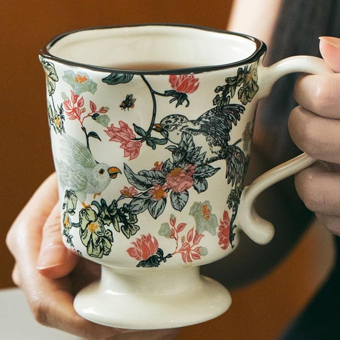 360ml -12.17oz Painted Floral & Bird Ceramic Mug - Cute Coffee Cup for Latte, Espresso - Gift for Women, Dishwasher Safe