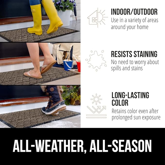 GORILLA GRIP 100% Waterproof All-Season WeatherMax Doormat, 72x24, US Designed Natural Rubber, Stain and Fade Resistant, Low Profile Indoor Outdoor Door Mats, Easy Clean Patio Mat, Latte Quatrefoil
