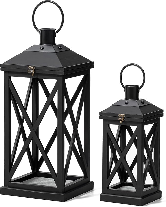 Glitzhome Modern Farmhouse Wooden Lantern Hanging Decorative Candle Lantern for Outdoor & Indoor Black Set of 2 (No Glass)