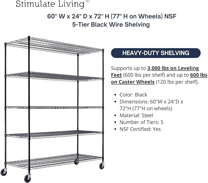 60"x24"x72" PRIME HEAVY DUTY Black 5-Tier Wire Shelving NSF 3000 LBS MAX Capacity Storage Rack for Commercial, School, Home, Garage, Warehouse, Industrial, and Hospital Uses (with Wheels)