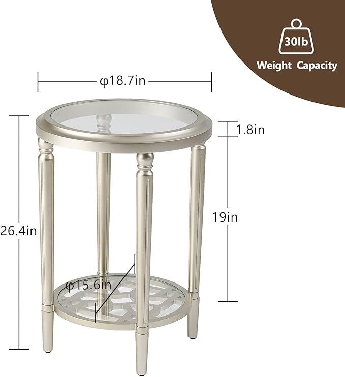 COSIEST Set of 2 Modern Round End Table, 2-Tier Glass Side Table with Glass Tabletop, Wood Accent Table with Storage Shelf for Living Room, Bedroom