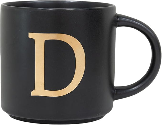 COLLECTIVE HOME - Monogram Ceramic Mugs, 15 oz Golden Initial Black Coffee Cups, Elegant Alphabet Tea Mugs, Elegant Personalized Mug with Gift Box, Unique Mug with Double Side Capital Lette (D)