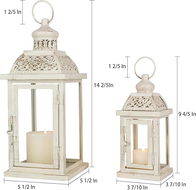 DECORKEY Large Lantern Decorative Outdoor & Indoor, Set of 2 (14’’&10’’) Metal Candle Lanterns Decor, Vintage Hanging Candle Holder for Front Porch Patio Wedding Farmhouse Home, Spring Decoration