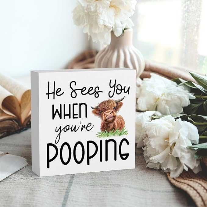 Funny Highland Cow Bathroom Decor Are You Pooping Sign Highland Cow Gifts for Women Highland Cow Nursery Decor, Wooden Box Decor Sign for Home Farmhouse Office Living Room Table Shelf Tiered