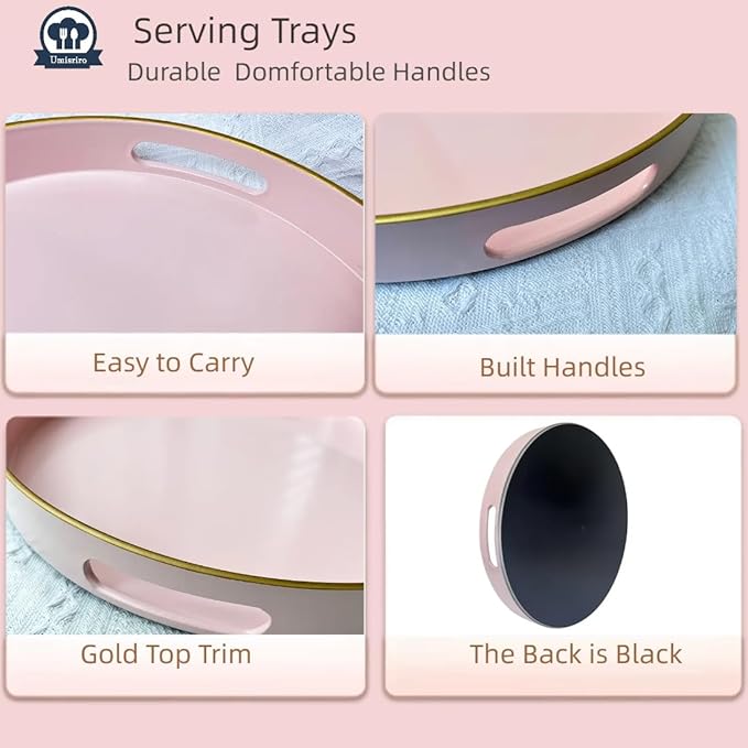 13" Pink Serving Tray with Handles,Round Decorative Tray for Coffee Table, Plastic Modern Coffee Table Tray for Ottoman, Living Room, Bathroom, Décor.