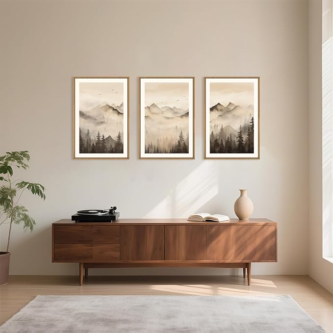 Celestdeco Nature Misty Forest Framed Canvas Wall Art Set, Foggy Landscape Wall Decor, Watercolor Pine Tree Wall Painting, Large Mountains Art Print for Living Room, Bedroom, Office - 16"X24"X3