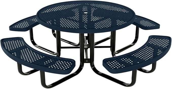 Coated Outdoor Furniture Heavy-Duty Portable Outdoor Kids Table with Umbrella Hole, Punched Steel Kids Picnic Table, Commercial-Grade, Made in America (46 In, Round, Childrens, Dark Blue)
