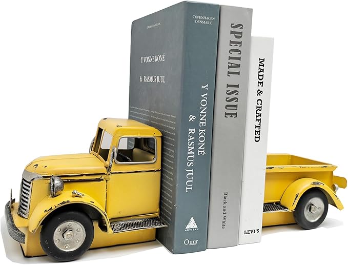 Decorative Book Ends Vintage Bookends: Metal Truck Book Stopper for Kid Books for Grandson Men Teen - Farmhouse Decor for Bookcase Shelf Table Coffee Bar Office Home Yellow