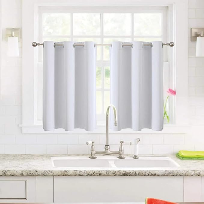 ChrisDowa Small Window Curtains for Kitchen and Bedroom - Grommet Short Thermal Insulated Room Darkening Curtains (2 Panels, Greyish White, 42 x 36 Inch)