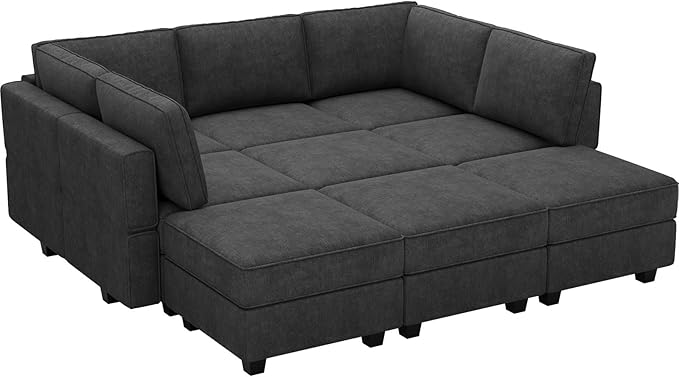 Belffin Modular Sectional Sleeper Sofa Couch with Storage Ottoman Convertible Sectional Couches for Living Room Terry Reversible Chaise. Black Sofa