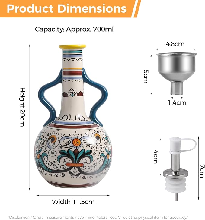 Ceramic Olive Oil Dispenser Bottle 23oz with Handles, Hand Painted Multi-Use Oil Cruet & Flower Vase, Decorative Stoneware Kitchen Cruet with Stainless Steel Spout for Oils, Sauces, Vinegar (B)