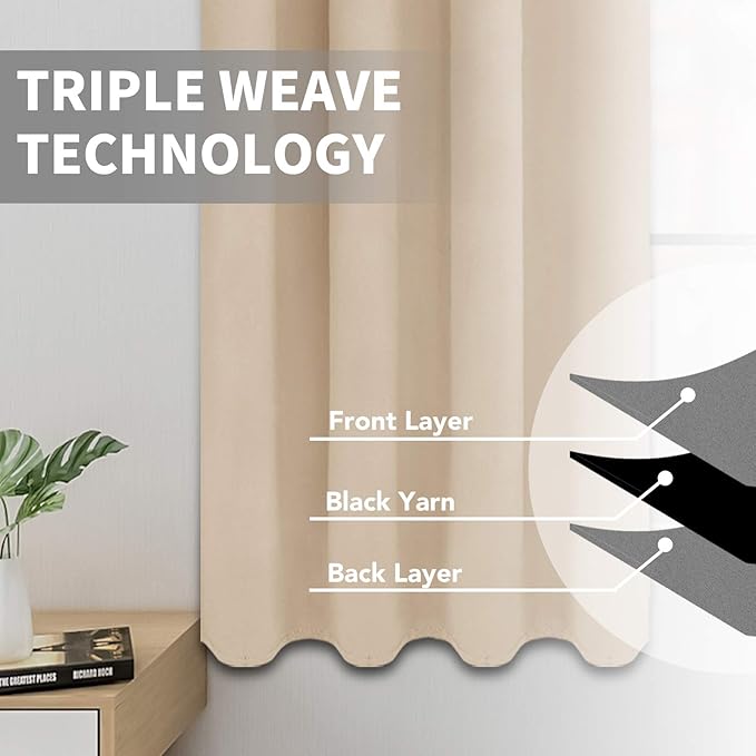 Easy-Going Blackout Curtains for Bedroom, Solid Thermal Insulated Grommet and Noise Reduction Window Drapes, Room Darkening Curtains for Living Room, 2 Panels (52x63 in,Beige)