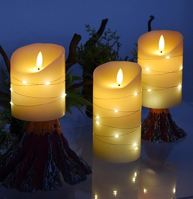 DANIP Ivory LED flameless Candle, with Embedded Star String, 3-Piece LED Candle Set, with 11 Button Remote Control, 24-Hour Timer Function, Dancing Flame, Real Wax, Battery Powered. (Ivory)