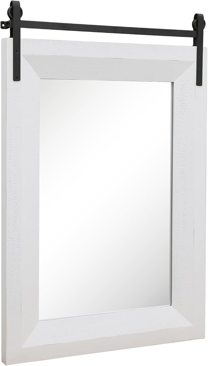 ALBAD Farmhouse Wood Framed Wall Mirror, Natural Wood and Framed Wall Mounted Bathroom Vanity Mirror for Farmhouse Decor, Vertical or Horizontal Hanging