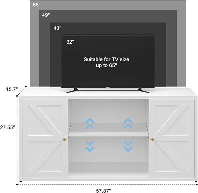 Farmhouse - Style 65 - inch Metal TV Stand: Entertainment Center with Locker, Barn - Style Doors, Adjustable Partition. Medieval Modern Media Console Table for Living Room & Bedroom (White)