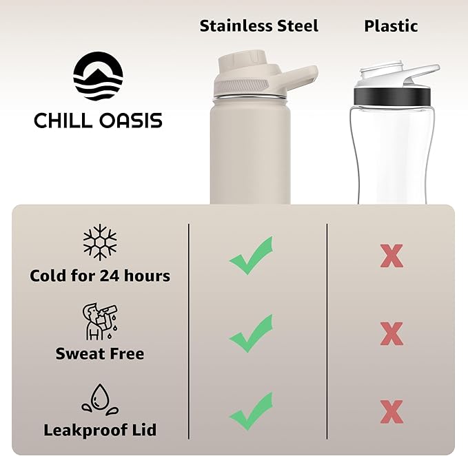 Chill Oasis Water Bottle | Compatible With Popular Flavor Cartridges | BPA Free, Leak Proof, Double-Walled Vacuum Insulated Stainless Steel, and Dishwasher Safe | Cold for 24 Hours (Beige, 32oz)