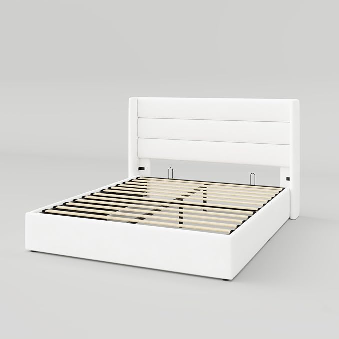 Allewie Queen Size Velvet Lift Up Storage Bed, Modern Wingback Headboard, Hydraulic Support, No Box Spring Needed, White