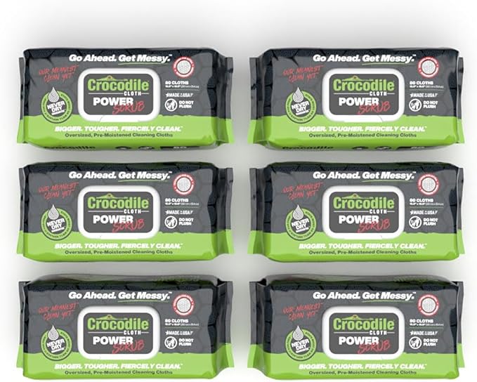 Crocodile Cloth Power Scrub - 6 pack. 480 (15" x 10") Heavy Duty Cleaning Wipes. Safe on Skin & Multiple Surfaces. Infused with Aloe & Vitamin E. Textured, Large, Pre-Moistened & Absorbent.