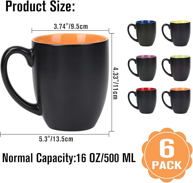 16 OZ Stoneware Coffee Mug Set of 6, Black Ceramic Mug with Different Color Inside, Colorful Porcelain Mug with Handle for Latte Espresso Cappuccino