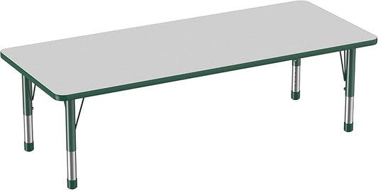 FDP Rectangle Activity School and Classroom Kids Table (30 x 72 inch), Chunky Toddler Leg, Adjustable Height 15-24 inches - Gray Top and Green Edge