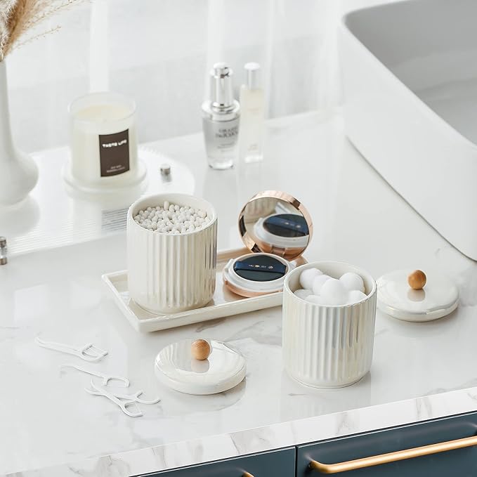 Ceramic Bathroom Canister Set with Coordinating Small Vanity Tray Qtip Holder Dispenser for Cotton Ball,Swab,Pads, Floss, Bathroom Storage Jars with Lids Pearl White