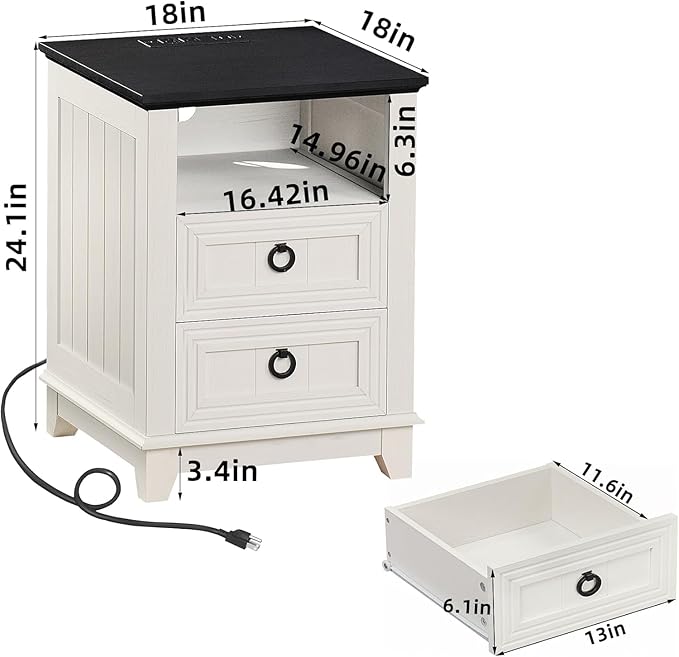 18" Farmhouse Night Stands Set of 2 with Charging Station, 2 & 3 Drawers End Table Dresser for Bedroom, White Wooden Nightstand, Bed Side Table with Open Shelf, Bedside Cabinet for Living Room